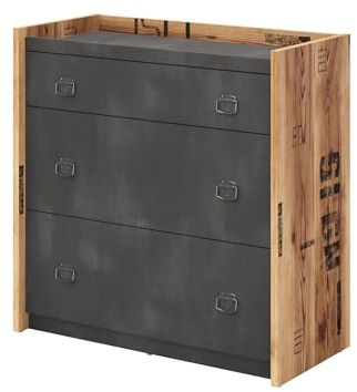 MEBLINI Kommode mit Schubladen - Kommode Jugendzimmer, Kinderzimmer, Schlafzimmer - Komodenschrank - Sideboard - Beistellschrank - Schubladenkommode - Fargo FG-06-90x42x90 cm - Braun mit Aufdrucken