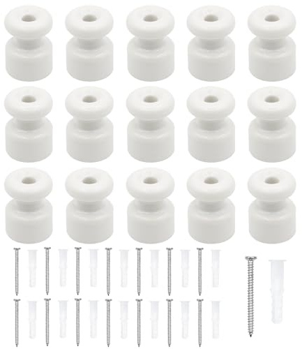 BORISCA 15 Pezzi Isolatori Ceramica Bianchi, Utilizzati Come Decentratore Lampadario per Cavi Trecciati Fai-da-te, Isolatore Ceramica Vintage Ø18 Millimetri (Bianco)