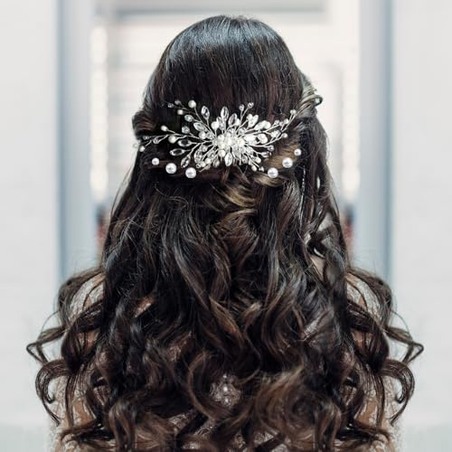 Haarkamm Hochzeit und 8 Stück Haarspange Perlen, Braut Haarschmuck Hochzeit Silber, Kristall Haarschmuck Blumen, Brautschmuck Haare, Haarnadeln Hochzeit