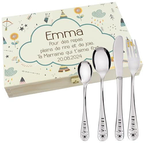 Gravure Events - Coffret en Bois avec 4 Couverts personnalisés pour Enfant - prénom gravé en France - Acier Inoxydable - Cadeau Noël bébé, Baptême, Cadeau de Naissance Fille ou garçon - Modele Tipi