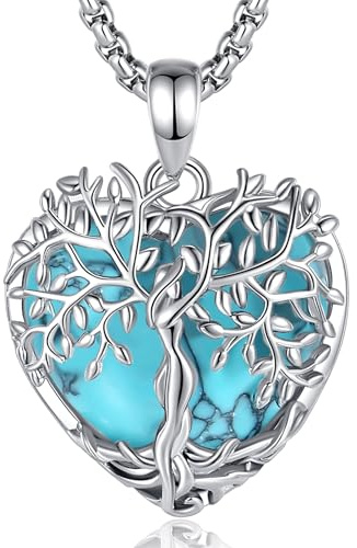 AEONSLOVE Collier Arbre de Vie Femme Turquoise Pendentif en Cristal Coeur Pendentif Arbre de Vie Collier Turquoise Bijoux Cristaux de Guérison Naturels Pierre de Protection Cadeau Fete des Meres