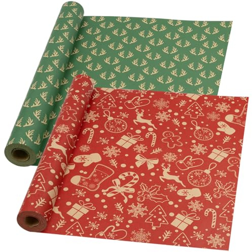 Rollo de papel de regalo navideño DOJoykey Kraft: 2 rollos de 43 cm x 15 m, papel de regalo festivo, papel Kraft reciclable para envolver regalos de fiesta de Navidad