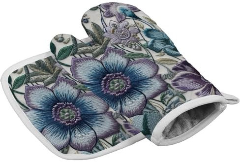 Gants de cuisine personnalisés résistants à la chaleur pour femme - Motif fleurs bleues et violettes