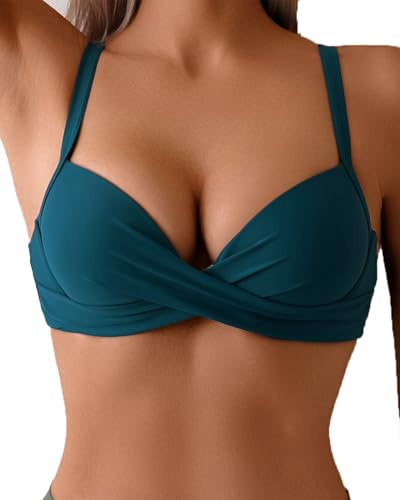 Fanuerg Top bikini da donna con ferretto, push-up, imbottito, top con torsione frontale, Blu e verde, L