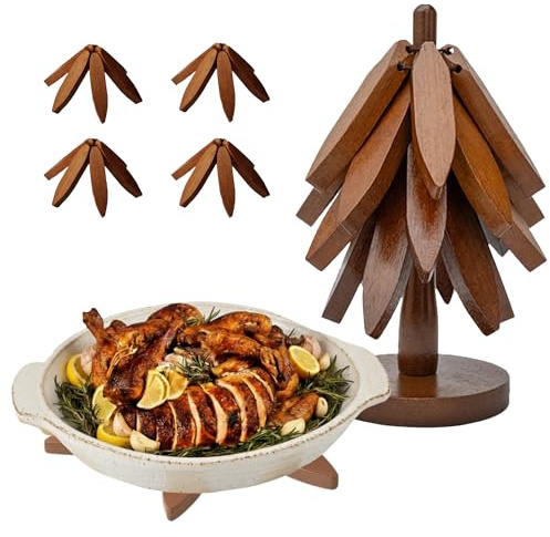 Wooden Trivets for Hot Dishes – Tree Trivet Set with 4 Foldable Wooden Trivets & 1 Stand, Heat-Resistant, Space-Saving Trivet Tree for Pots, Bowls & Teapots (Walnut)