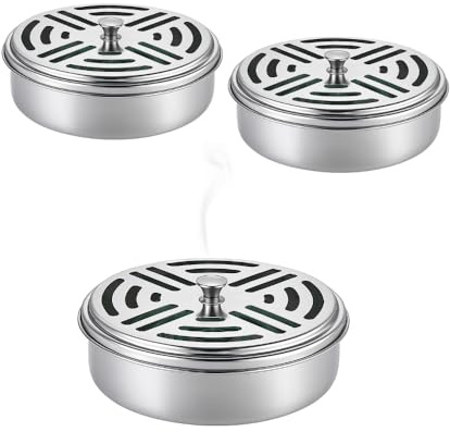 Paluplus 3 Bruciatori di Incenso e Zampironi Rotondo, Diametro 14 cm e Altezza 4 cm, Porta Zampirone in Metallo con Coperchio e raccogli cenere, per casa e campeggio -9617C-0,37