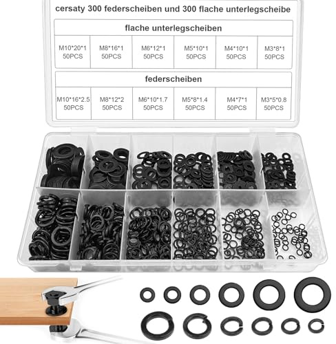 cersaty 600 Stk Federringe Flache Unterlegscheiben set, 304 Edelstahl Federscheiben Flach Beilagscheiben für Anziehen von Schrauben,Hausreparatur uws(M3/M4/M5/M6/M8/M10)