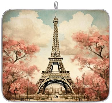 Tapete vintage de secado de platos de la Torre Eiffel de París para encimera de cocina, pintura artística de flores, tapete absorbente para máquina de café, tapete escurridor de platos de microfibra