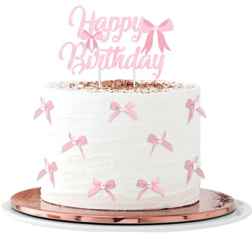 VewePata 18-Piece Birthday Cake Topper Set with Pink Bows, Pearls & Happy Birthday Sign,Bachelorette Party, Engagement Dessert Decoration (Pink)
