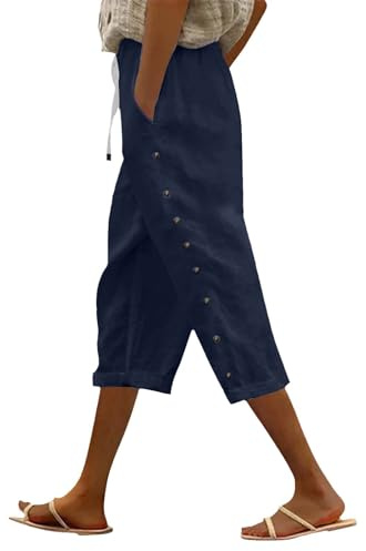 Couawaticy Trousers for Women UK Linen Trousers Womens Drawstring Elastic Waist Cropped Lightweight Summer Capri Pants with Pockets Casual 3 4 Length Beach Pants for Ladies Navy-b XL