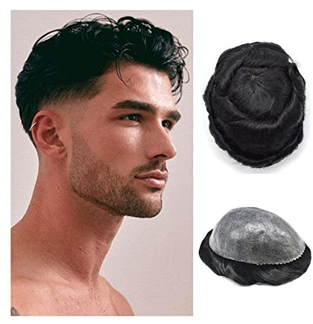 Toupet für Männer Toupet for Männer, Echthaar, langlebiges Ersatzsystem, 0,1–0,12 mm dünn, transparent, eingespritzte PU-Haut, männliche Perückeneinheit, tiefschwarze Herren-Toupet-Haarteile Herren Ha