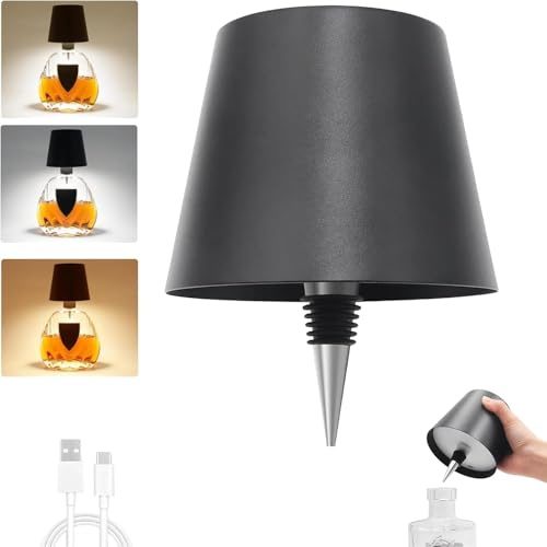 Wireless Bottle Lamp,Metal Wine Bottle Light with 3 Color Light Dimming, Waterproof Bottle Touch Lamp Head for Room, Bar, Restaurants, Party, Decor & Gifts (Black) (Black)