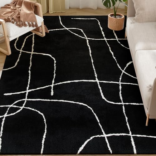 HOMCOM Modern Fluffy Area Rug, Geometric Pattern Washable Rug, Soft High Pile Floor Carpet for Living Room, Bedroom, Dining Room, Home Office, 170 x 120 cm, Black