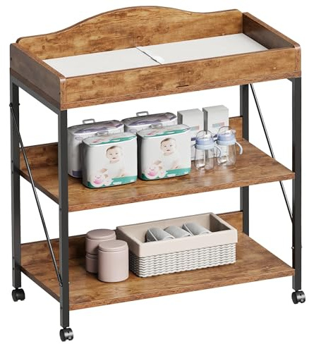 Yetom Baby Changing Table, Diaper Changing Station with Pad and Wheels, Two-Tier Open Storage Shelves, Waterproof Diaper pad & Safety Strap,Compact Baby Furniture for Nursery, Rustic Brown