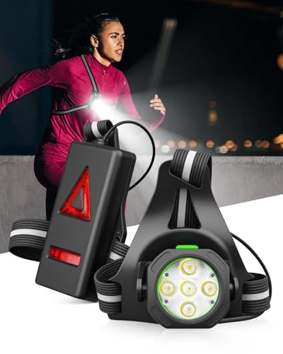 Running Lights for Runners, 5 Lamp Strong Light Running Torch Beads, 90° Adjustable Angle, Max 12H Run Time 3 Lights Modes Waterproof Chest Light for Outdoor Sports, Dog Walking Jogging, Night Fishing
