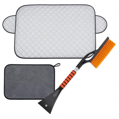 Auto Winter Komplettset 3-teilig – Frontscheibenabdeckung 190×100 cm + Teleskop-Eiskratzer mit Schneebürste + Mikrofasertuch – Anti-Frost & UV-Schutz, Ganzjahres-Set