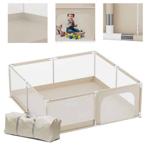 Tulano Cozy 28 Laufstall Baby 180x200 cm – Großes Laufgitter Baby | mit atmungsaktivem Netz – Sicherer Playpen für Innen und Außen – Stabiler Metallrahmen – Kindgerechte Materialien – Beige