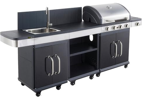 Cuisine extérieure modulable FIDGI 4 avec housse - Barbecue au gaz 4 brûleurs avec thermomètre, meuble d'appoint, desserte et évier