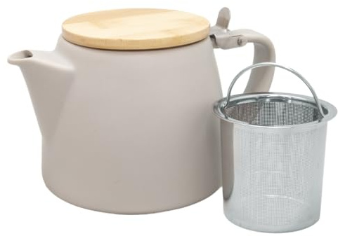 Nerthus FIH 1613 Théière en Porcelaine avec Infuseur 500 ml, Théière pour Thé et Infusions, Filtre en Acier Inoxydable Amovible, Couvercle Bambou, Théière avec Filtre Gris