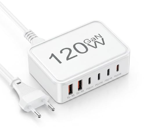 Chargeur USB C Multiple 120W, Station de Charge Rapide 4 USB‑C & 2 USB‑A | Adaptateur Secteur PD 3.0 pour Smartphones, Tablettes et Autres Appareils Électroniques