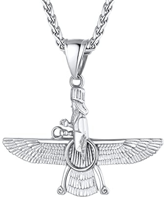 U7 Collana Pendente Faravahar Iraniano Cindolo + Catena di Grano Lunghezza Regolabile Larghezza 3 MM Sottile in Acciaio Inossidabile con Confezione Gioiello Religioso Collana Uomo Argento