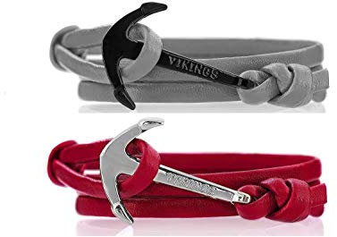 VIKINGS Anker Pärchen Armband 2er Set Leder Grau Rot, Anker Leder Grau Rot:Grau - Schwarz/Rot - Silber