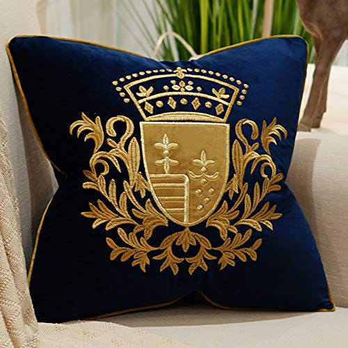 Avigers 20 x 20 Inch Embroidery Velvet Cushion Cover Shield Luxury European Pillow Case Pillowcase Home Decorative for Sofa Chair Bedroom Throw Pillow, Navy Blue