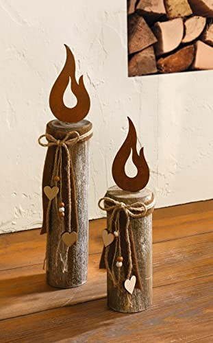 Dekoleidenschaft 2X Dekosäule Flammendes Herz aus Holz, rustikal, Holzsäule mit Metall Flamme in Rost Optik, Kerze, Kerzensäue, Deko Windlicht