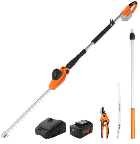 GARCARE Cordless Hedge Trimmer Long Reach 20V 4.0Ah Pole Hedge Trimmers Cordless with Battery Electric Branch Cutter Shrub Trimmer, 450mm Cutting Blade, 16mm Cutting Space