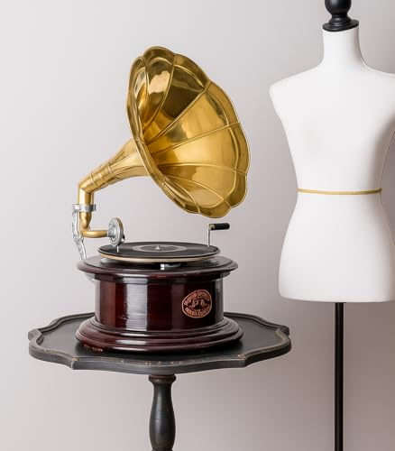 Trichter Grammophon Vintage „Villa Gatsby“ – 20er-Jahre Mechanischer Plattenspieler mit geschnitztem Holzgehäuse, Messing-Trichter & Schellackplatte Art Deco his Masters Voice