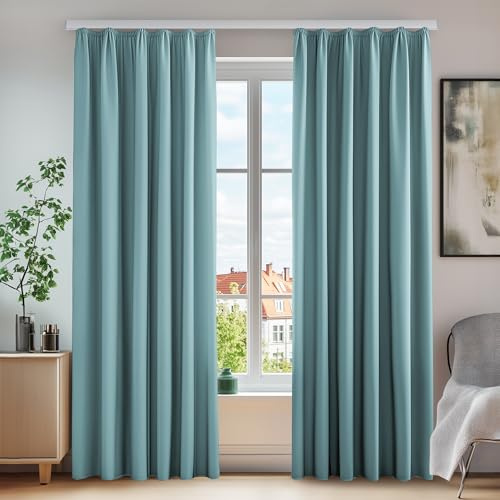 Deconovo Set med 2 mörkläggningsgardiner med veckband värmeisolerad dörrgardin för vardagsrum sovrum 140 x 220 cm himmelsblå
