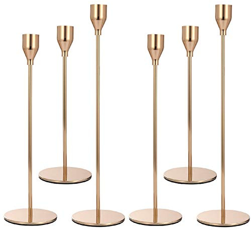 Anndason Set of 6 Pink Gold Candlestick Holders Pink Gold Candle Holder Taper Candle Holders Candle Holders Decorative Candlestick Holder for Home Decor, Wedding, Dinning, Party, Anniversary (Gold)
