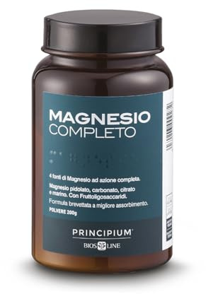 BIOS LINE Principium, Magnesio completo Brevettato con miglior assorbimento, Gusto agrumi, 4 fonti di magnesio ad azione completa, Integratore anti stress, 200 g di in polvere solubile