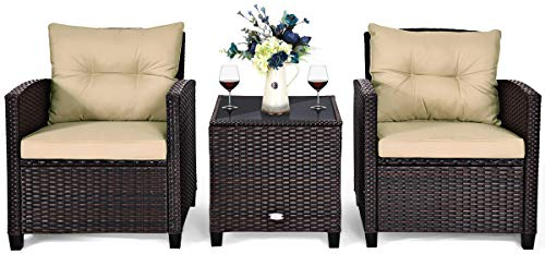 COSTWAY 3-TLG. Rattan Gartenmöbel Set, Polyrattan Sitzgruppe, 2 Sessel & 1 Beistelltisch, Balkonmöbel Bistroset Gartengarnitur, Gartenlounge Gartenset inkl. Glasplatte & Sitzkissen, Braun