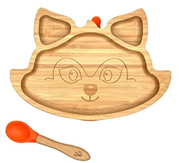 Kleiner Fuchs Hochwertiges Bambus Teller mit Saugnapf, Rutschfestem Saugnapf mit passendem Baby Löffel Macht Mahlzeiten Spaß, Bambus Geschirr Set mit Geschenkbox - Essenlernen mit Fuchs Design