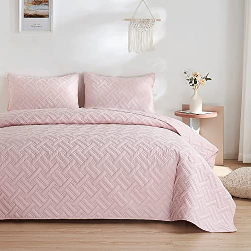 beeweed Quilt Set King Size 3 Pieces, Lightweight Microfiber Basket Pattern Bedspreads for All Season, Pink Soft Summer Coverlet Set with 2 Pillow Shams (King 240x260 CM)