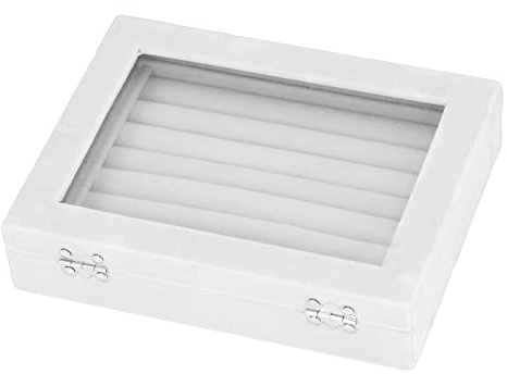 Ringlåda Smyckeförvaring Sammet Display Smyckeslåda med 7 Fack och Lock, Smyckeskrin Vitrine Organizer med Klart Glaslock för Ringar, örhängen och Manschettknappar, Förvaringsfodral för smycken (Vit)
