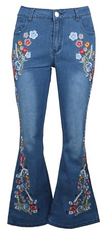 Womens Floral Embroidered Flared Jeans Bell Bottom Jeans Stretchy Denim Pants Casual Trousers, 1 Light Blue, M