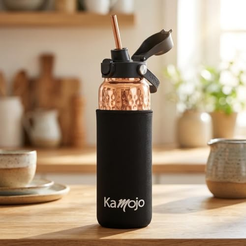 Kamojo Pure Copper Water Bottle for Drinking - Push Button Lid, Removable Insulating Sleeve & Straw - Hammered Handcrafted 32 fl oz Ayurvedic Cup for Water
