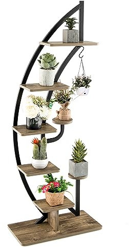 HOMASIS Estante para Plantas en Forma de Media Luna, Estante para Plantas de Interior, Elegante Soporte Expositor para Decoraciones de Balcones, Salones, 60x30x155cm (Negro, 1 Pieza)