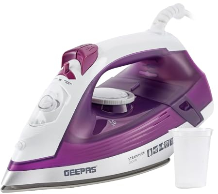 GEEPAS Steam Iron | Clothes Dry & Steam Press | 35s Fast Heat-Up Vertical Steaming | Ceramic Soleplate & Adjustable Temperature | 460ml Water Tank with 0.7g/Steam Output | 2 Year Warranty 2000W Purple