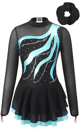 TiaoBug Mädchen Langarm Eiskunstlauf Kleid Kürkleid Strass Stein Tanzkleid mit Haargummi Gymnastik Turn Anzug mit Röckchen Tanzbekleidung