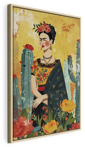 murando - Wandbilder XXL Mit natürliche Rahmen XXL Frida Kahlo 60x90 cm Vlies Leinwandbild 1 Teilig - Kunstdruck modern Wanddekoration Design Wand Bild - Reproduktion Kaktus h-H-10041-b-a