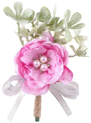 TONZN 6 x 12 cm großes Ansteckblumen-Set aus rosa Perlen, Ansteckblume fürs Handgelenk, Elfenbein, für Brautjungfern, Rosa (Ansteckblume 6 cm x 12 cm)
