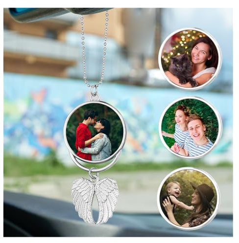 Auto Deko Innenraum,Autospiegel Anhänger,Rückspiegel Anhänger mit Gravur Engelsflügel Aufhänger,Autozubehör mit Personalisierter Fotogravur geschenke (Silber)