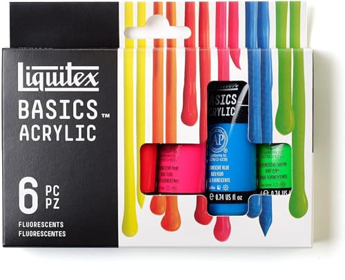 Liquitex 3699400 Basics - Akrylfärg, monopigmenterade artistpigment, ljusäkta, medelviskositet, arkivkvalitet, satinfinish - 6 färger vardera, 118 ml tuber - fluorescerande
