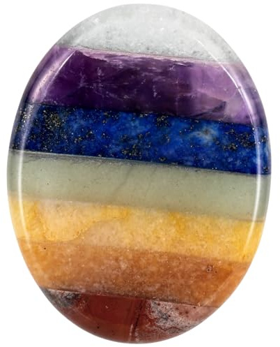 Nupuyai 7 Chakra Handschmeichler Stein Daumenstein Edelstein, ovaler konkaver Heilstein Chakra Kristall Taschenstein Energiestein für Meditation Massage