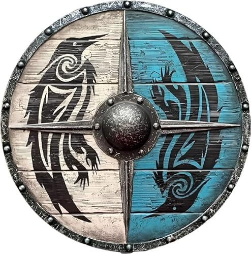 Riylox Handgemachter 24-Zoll-Hölzerner Eivor Valhalla Rabenschirm - Norwegischer Wikinger Wanddekoration Sturmschild - Wikinger Schwert und Schild, Mittelalterliche Kriegsspiele Zubehör