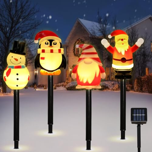 Lewondr Confezione da 4 decorazioni natalizie per esterni, Babbo Natale, pupazzo di neve, gnomo, pinguino con paletti da giardino, impermeabili, con 8 modalità di illuminazione, decorazione per