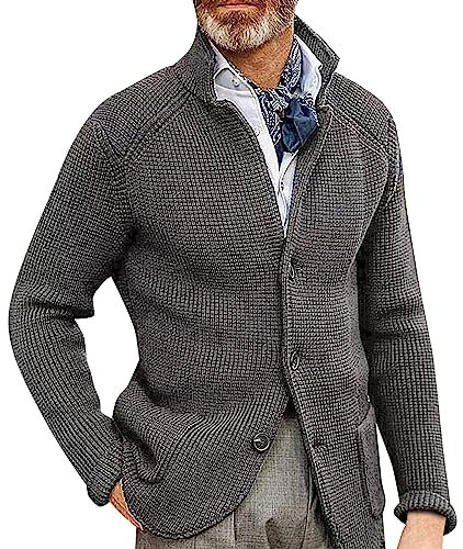 Herren Casual Strickjacke, Smart Ribbed Button-Up Pullover für Winter, weiche Wollmischung Schalkragen Sweater Mantel, warme dicke Schicht-Outfit, stilvolle Strickwaren für Arbeit und Freizeit, grau,